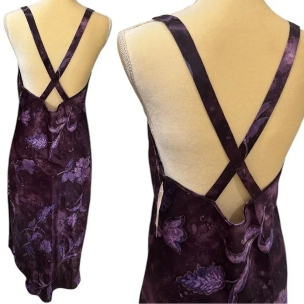NEW Vintage California Dynasty Purple Floral Satin Cross Back Fairy Dress Size M